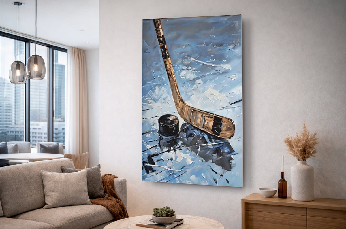 Hockey Stick and Puck Impasto Glass Wall Art in a living room interior