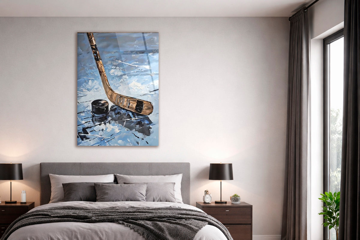Hockey Stick and Puck Impasto Glass Wall Art in a modern interior