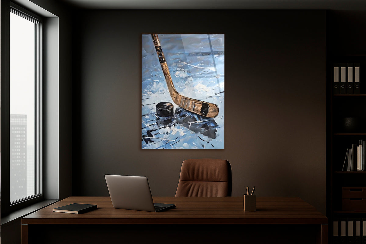 Hockey Stick and Puck Impasto Glass Wall Art on the wall