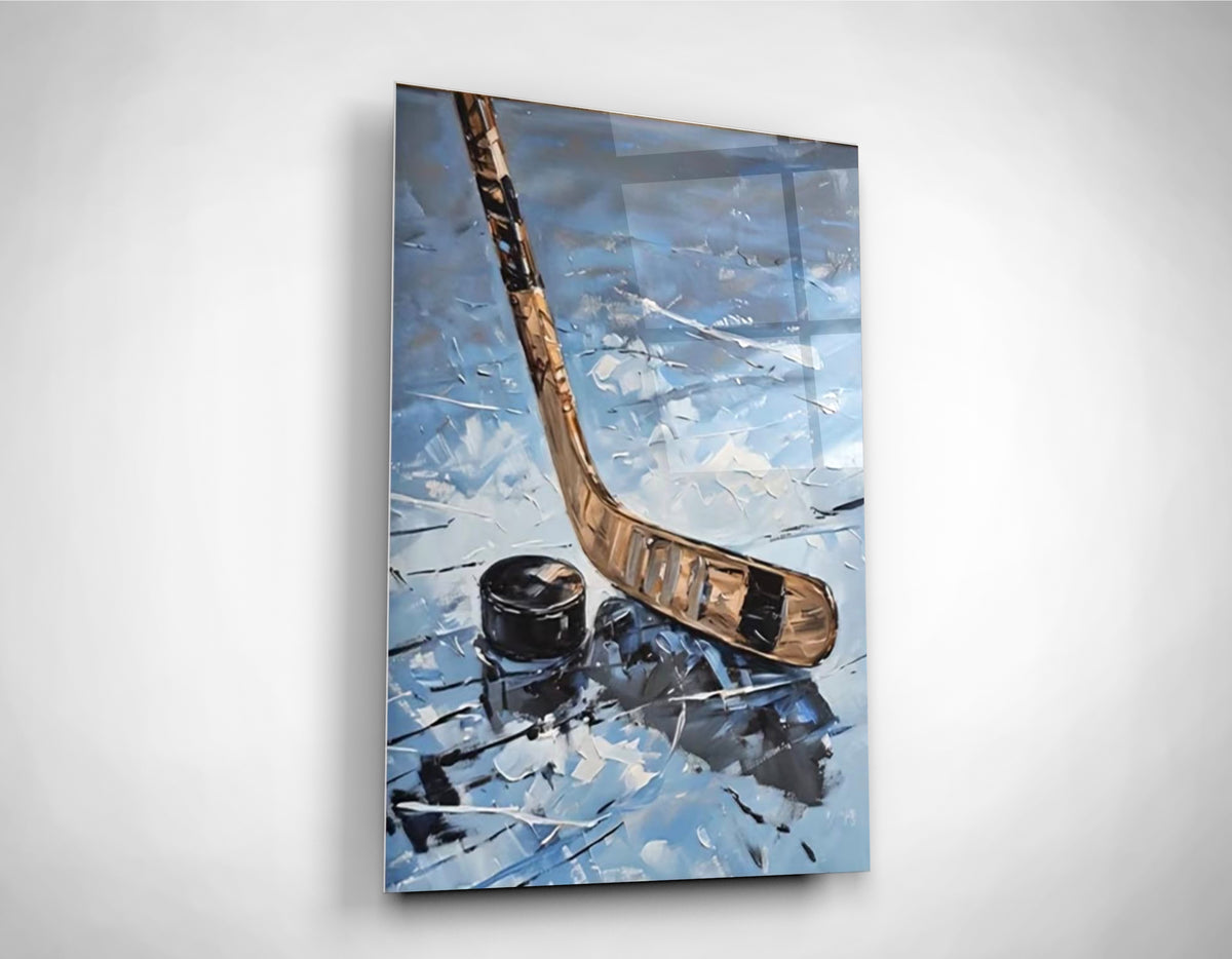 Hockey Stick and Puck Impasto Glass Wall Art close-up