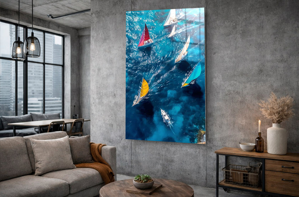 Sailboats on Blue Sea Aerial Glass Wall Art on the wall