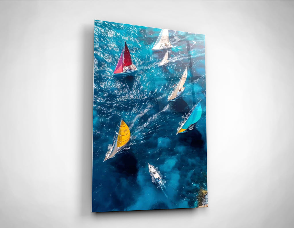 Sailboats on Blue Sea Aerial Glass Wall Art close-up