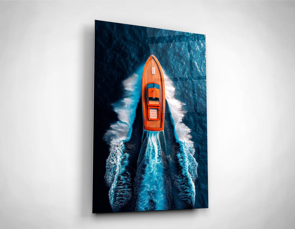Orange Speedboat Aerial Ocean Glass Wall Art close-up