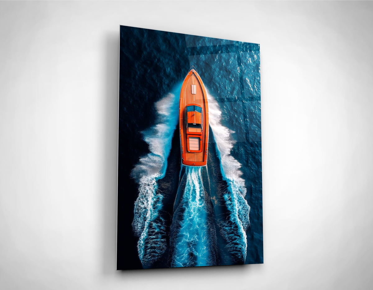 Orange Speedboat Aerial Ocean Glass Wall Art close-up