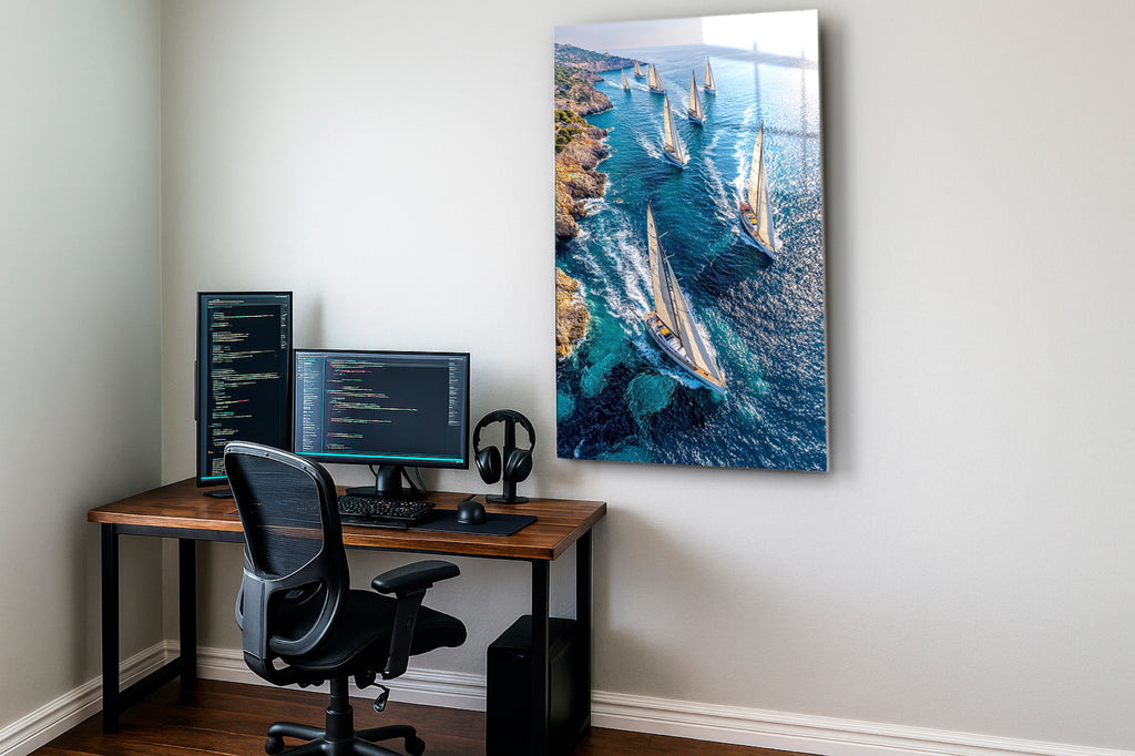 Sailboat Regatta Along the Coast Glass Wall Art in a modern interior