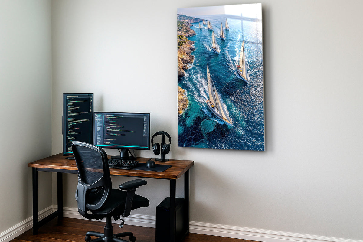 Sailboat Regatta Along the Coast Glass Wall Art in a modern interior