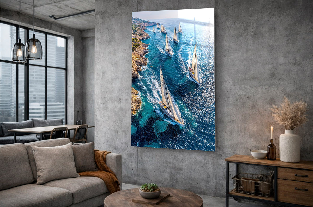 Sailboat Regatta Along the Coast Glass Wall Art on the wall
