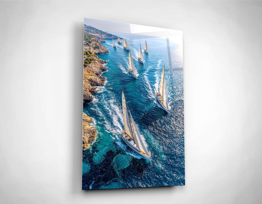 Sailboat Regatta Along the Coast Glass Wall Art close-up