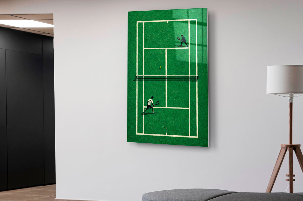 Green Grass Tennis Court Aerial Glass Wall Art in a living room interior