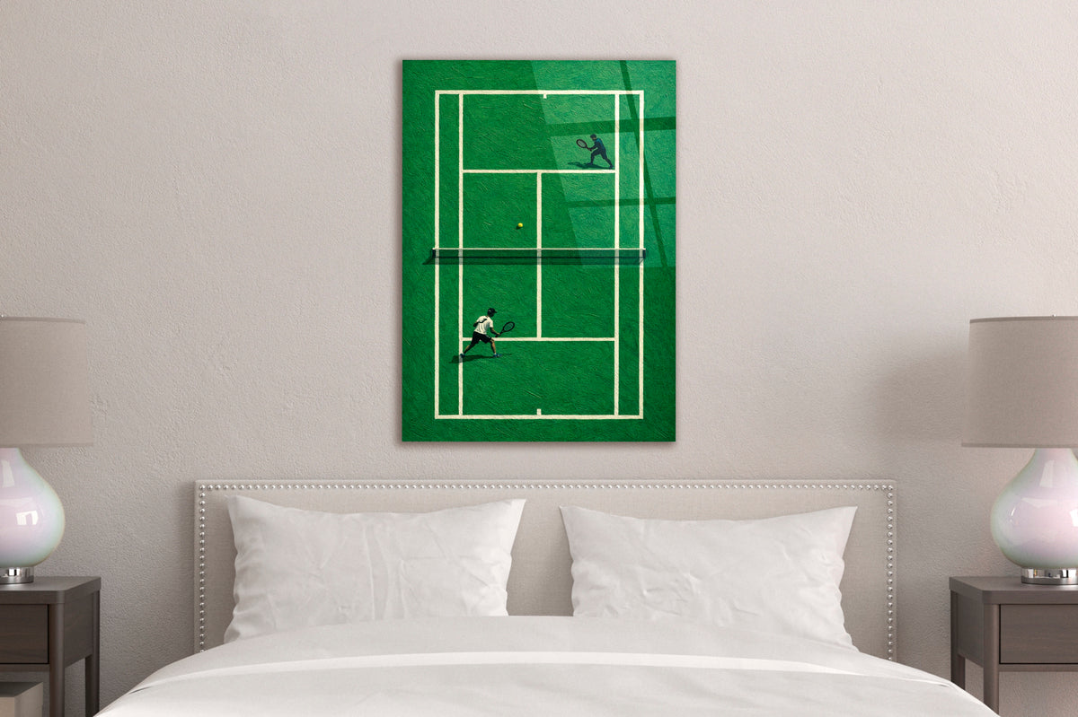 Green Grass Tennis Court Aerial Glass Wall Art in a modern interior