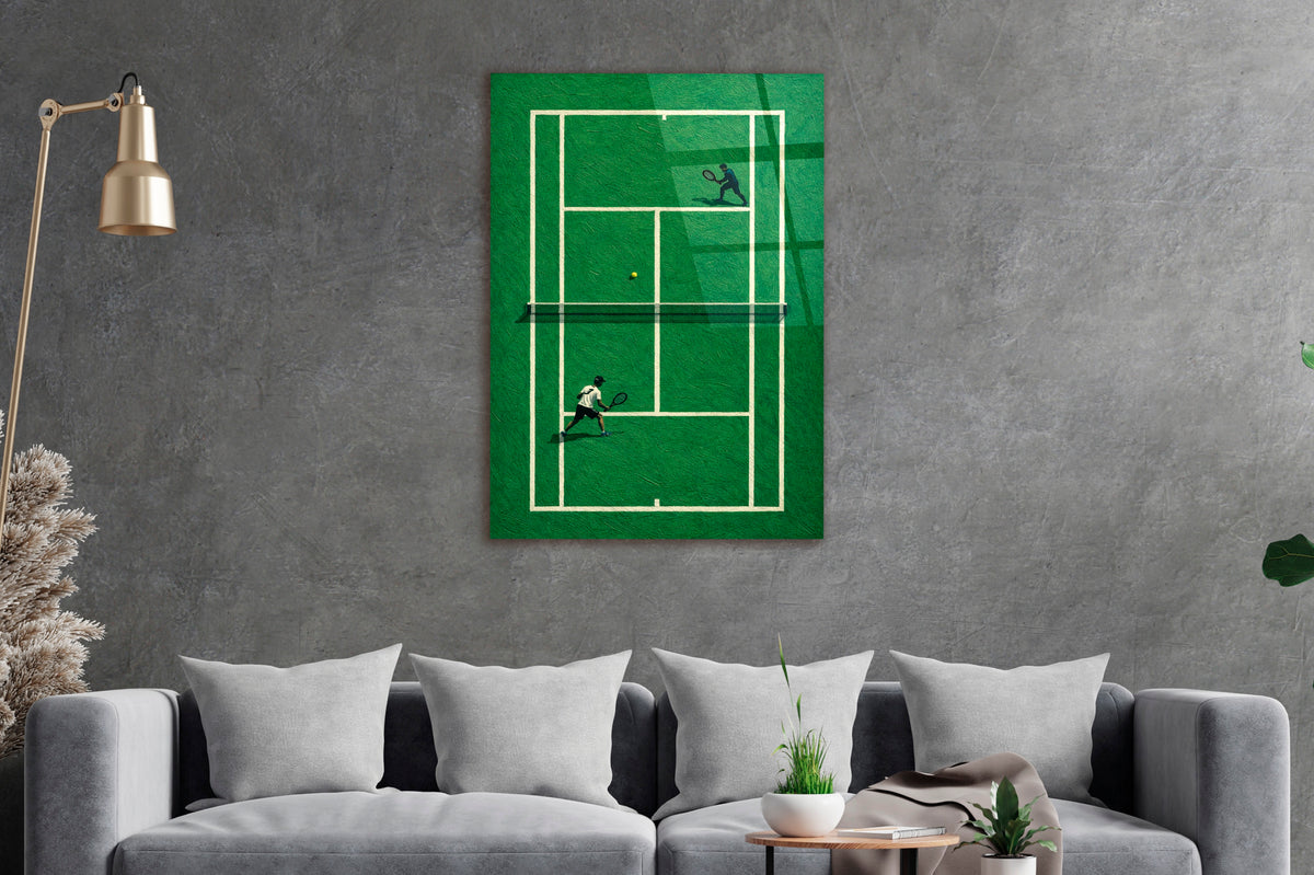 Green Grass Tennis Court Aerial Glass Wall Art on the wall