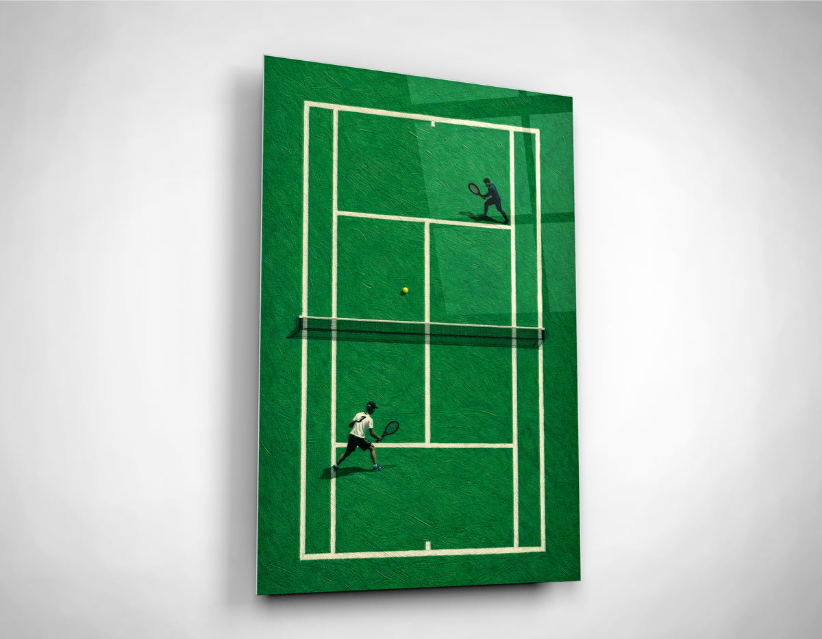 Green Grass Tennis Court Aerial Glass Wall Art close-up