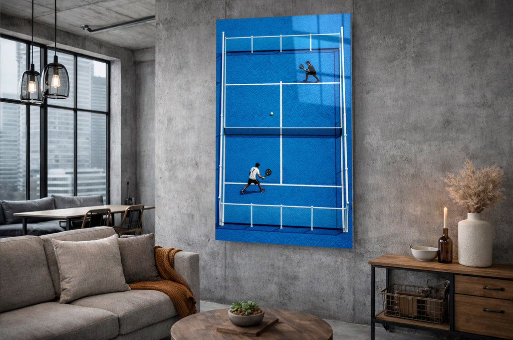 Blue Padel Court Aerial Glass Wall Art in a living room interior