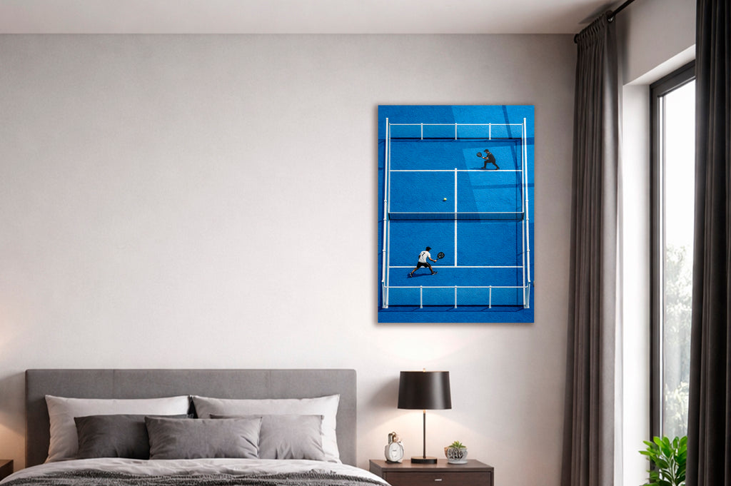 Blue Padel Court Aerial Glass Wall Art in a modern interior