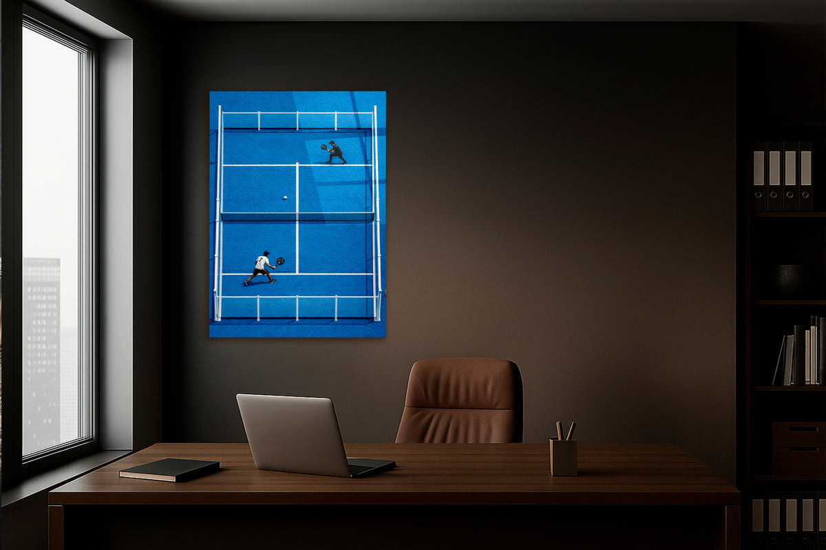 Blue Padel Court Aerial Glass Wall Art on the wall