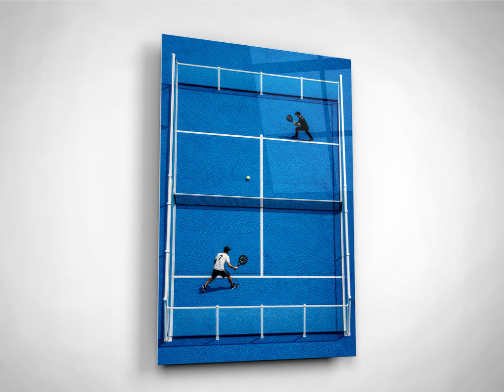Blue Padel Court Aerial Glass Wall Art close-up