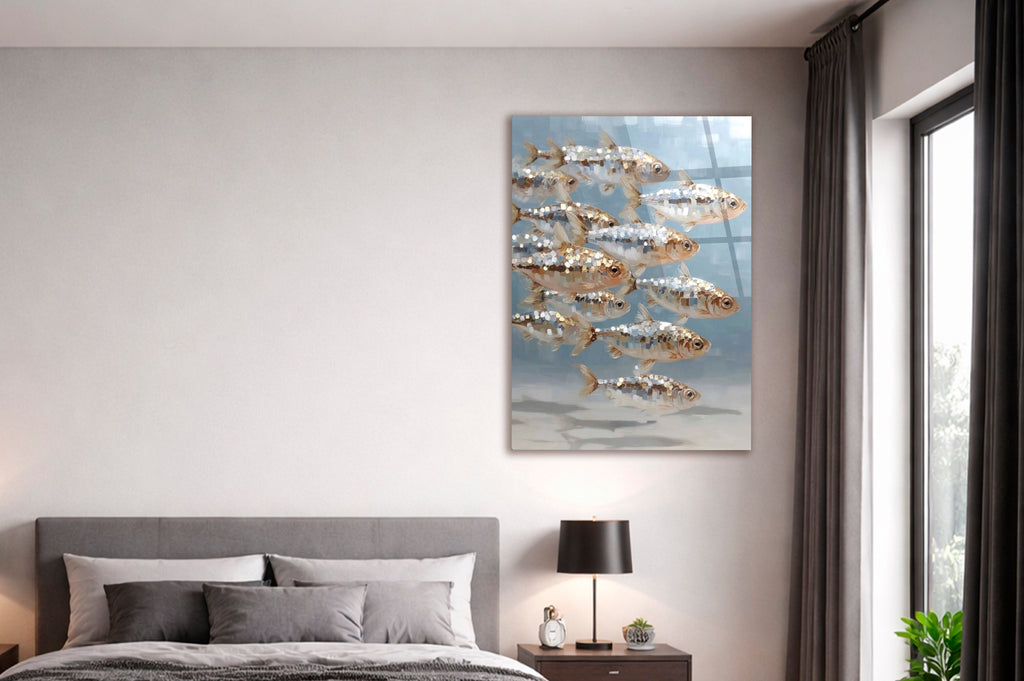 School of Silver Fish Glass Wall Art in a modern interior