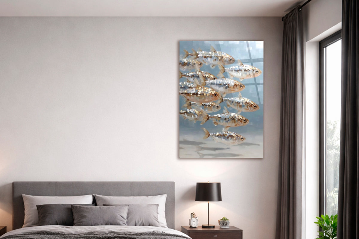School of Silver Fish Glass Wall Art in a modern interior
