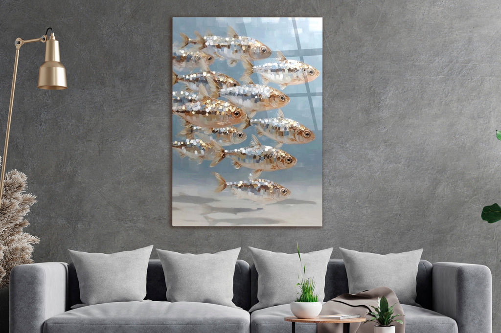 School of Silver Fish Glass Wall Art on the wall
