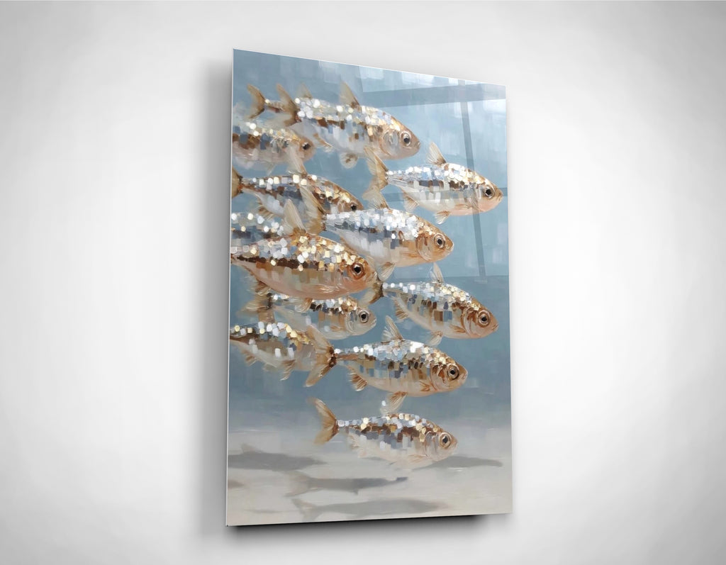 School of Silver Fish Glass Wall Art close-up