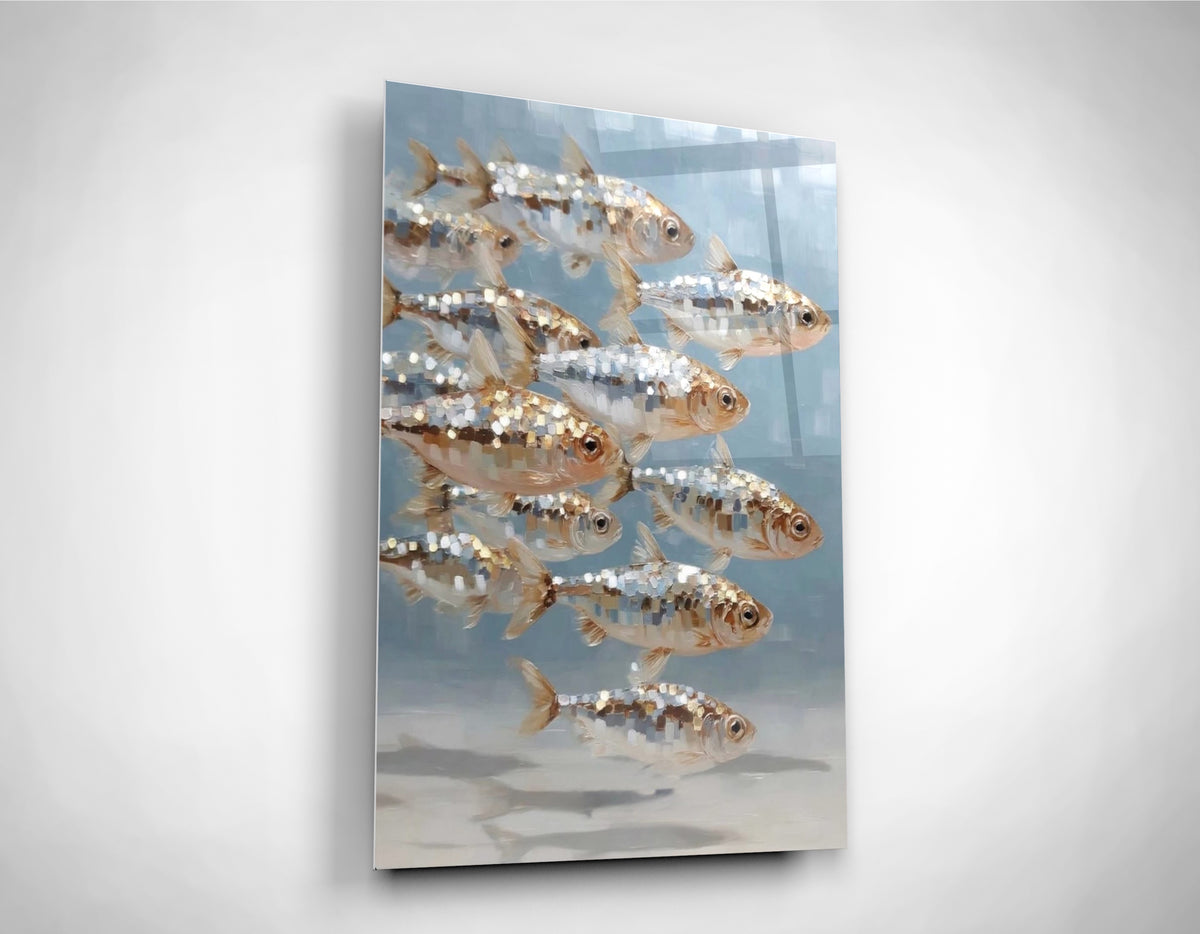 School of Silver Fish Glass Wall Art close-up