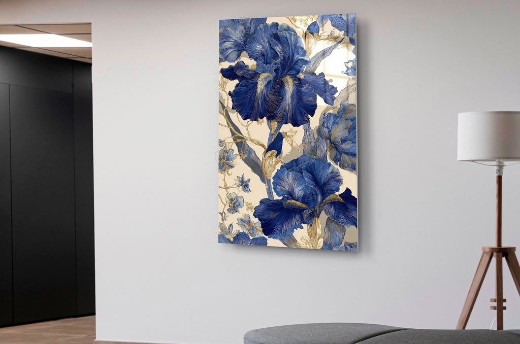 Blue Iris Chinoiserie Glass Wall Art in a living room interior