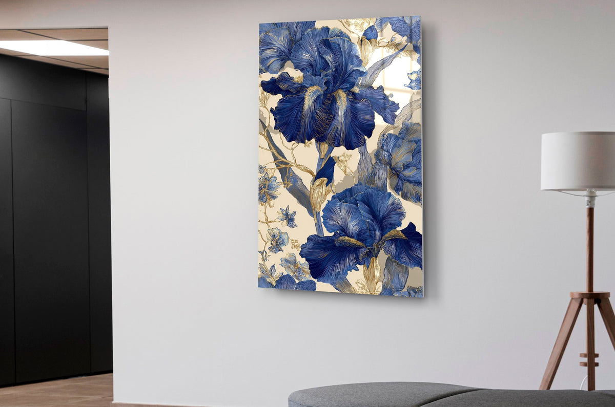 Blue Iris Chinoiserie Glass Wall Art in a living room interior