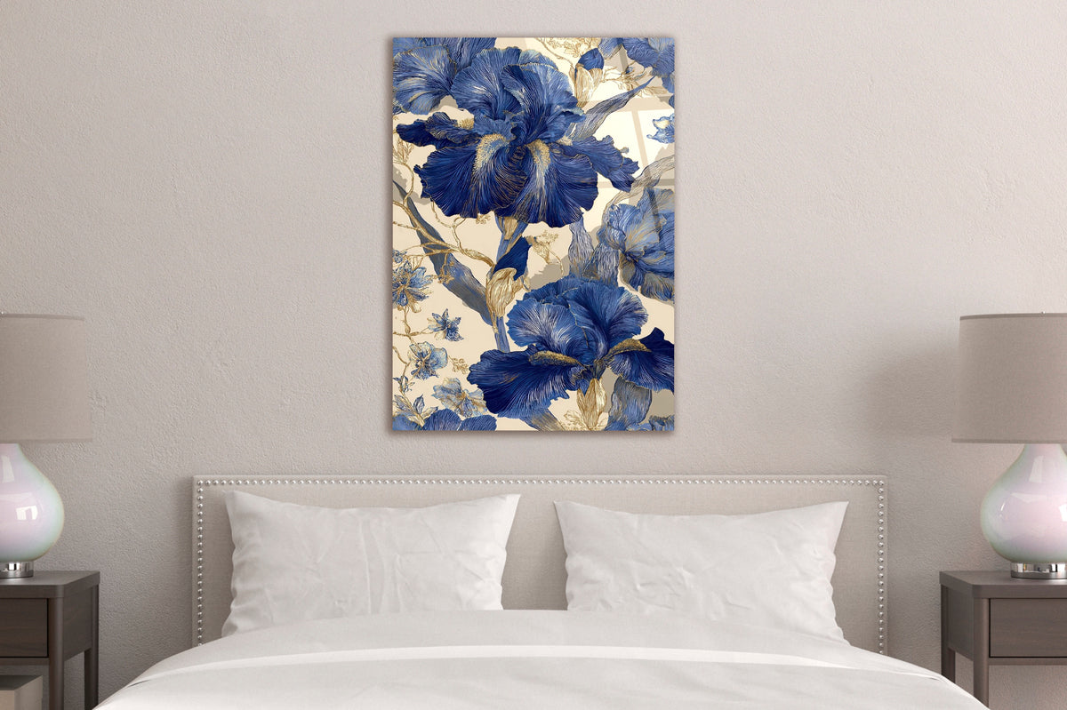 Blue Iris Chinoiserie Glass Wall Art in a modern interior