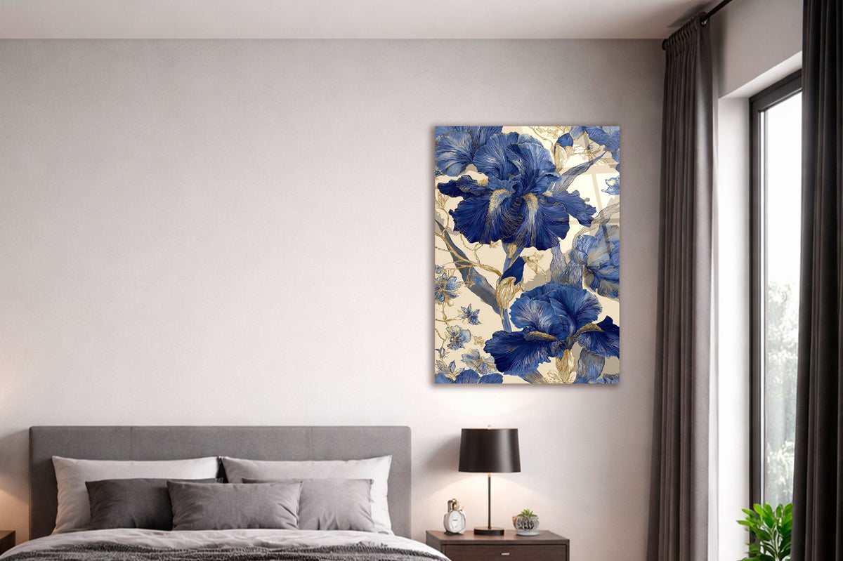 Blue Iris Chinoiserie Glass Wall Art on the wall
