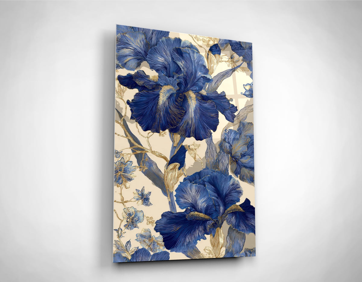 Blue Iris Chinoiserie Glass Wall Art close-up