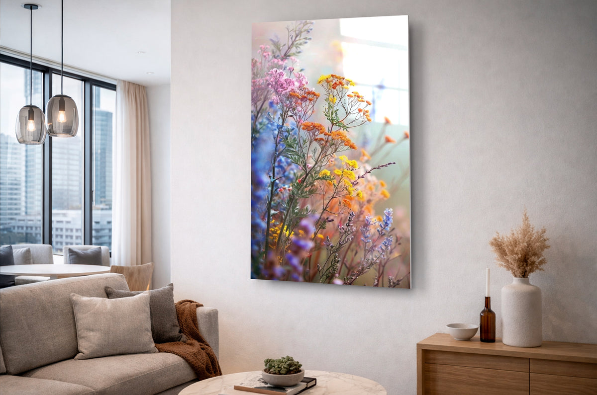 Soft Pastel Wildflowers Glass Wall Art in a living room interior