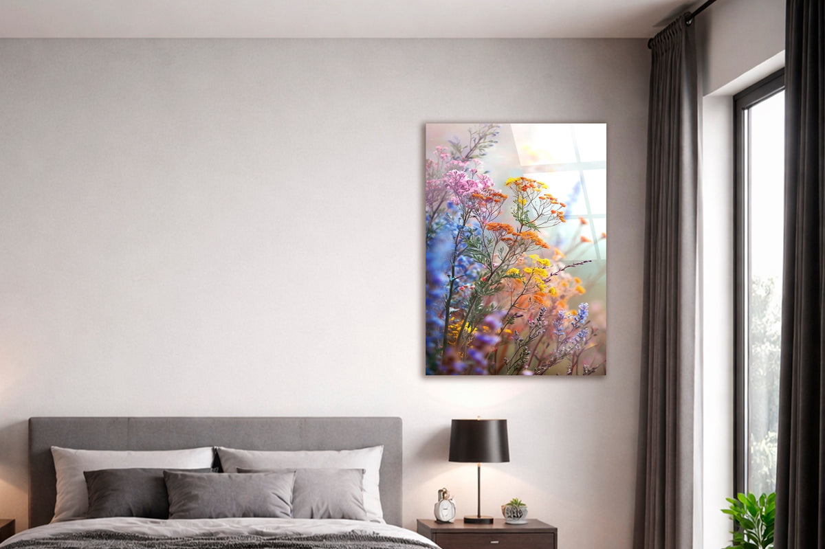 Soft Pastel Wildflowers Glass Wall Art in a modern interior