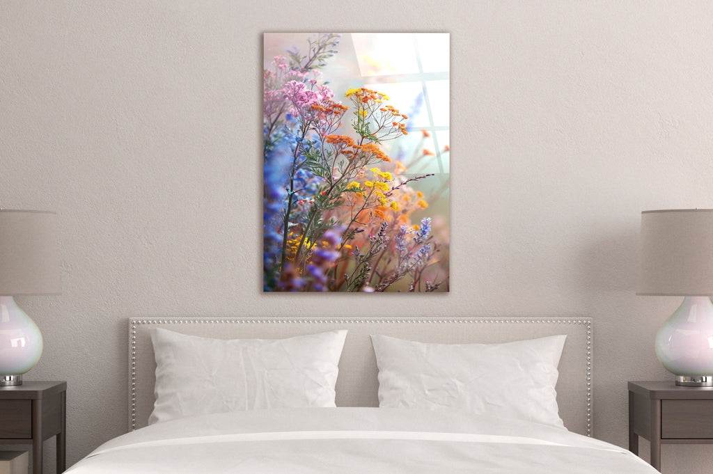 Soft Pastel Wildflowers Glass Wall Art on the wall
