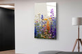 Purple and Orange Wildflower Garden Glass Wall Art in a living room interior