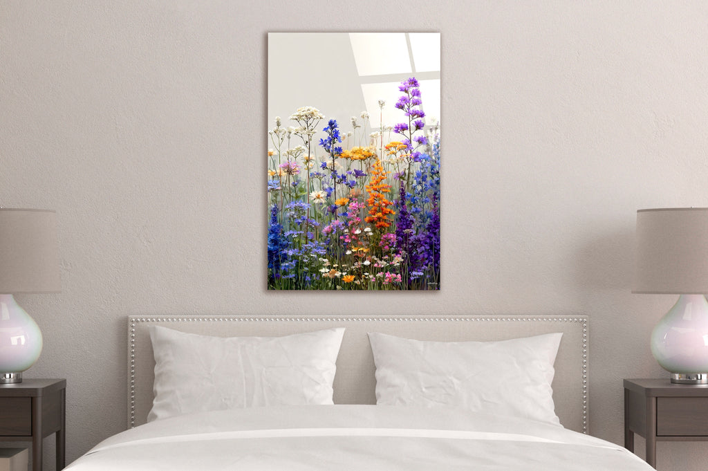Purple and Orange Wildflower Garden Glass Wall Art in a modern interior