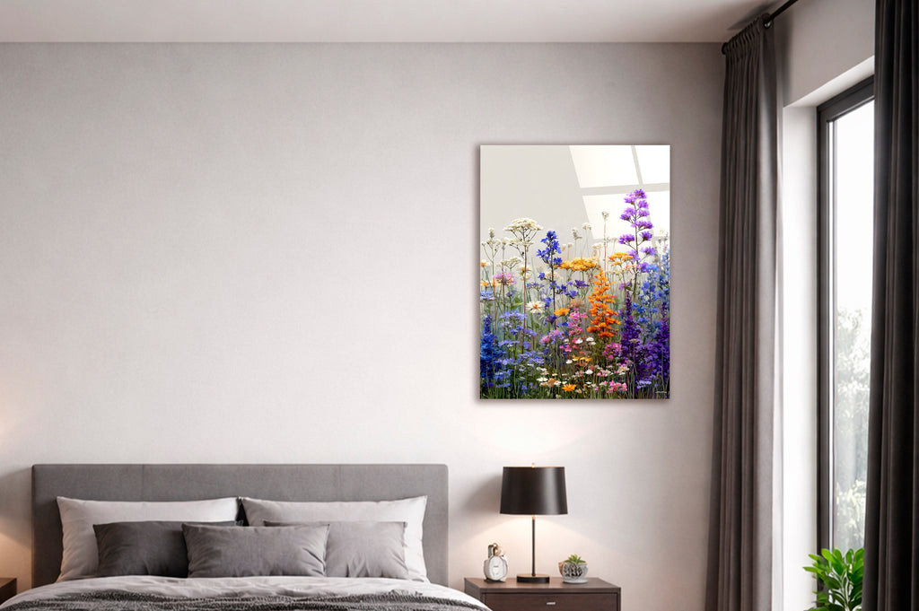 Purple and Orange Wildflower Garden Glass Wall Art on the wall