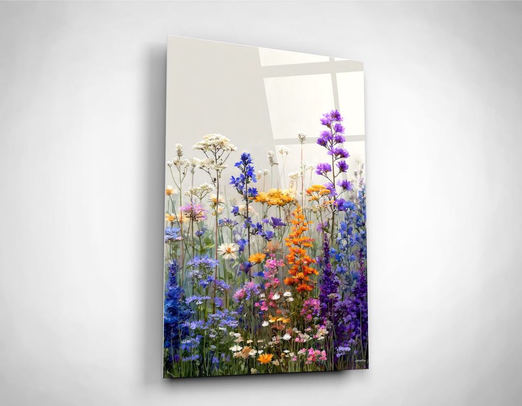Purple and Orange Wildflower Garden Glass Wall Art close-up