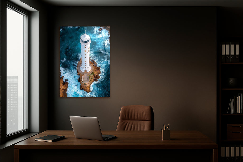 Aerial Lighthouse Ocean Waves Glass Wall Art on the wall