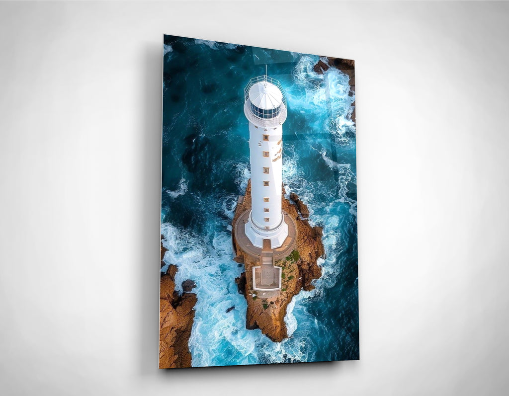 Aerial Lighthouse Ocean Waves Glass Wall Art close-up