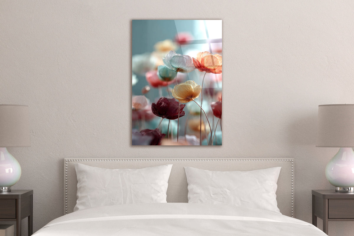 Translucent Poppy Flowers Glass Wall Art in a living room interior