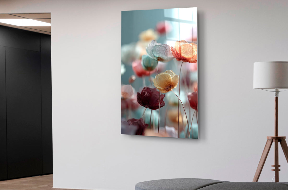 Translucent Poppy Flowers Glass Wall Art in a modern interior