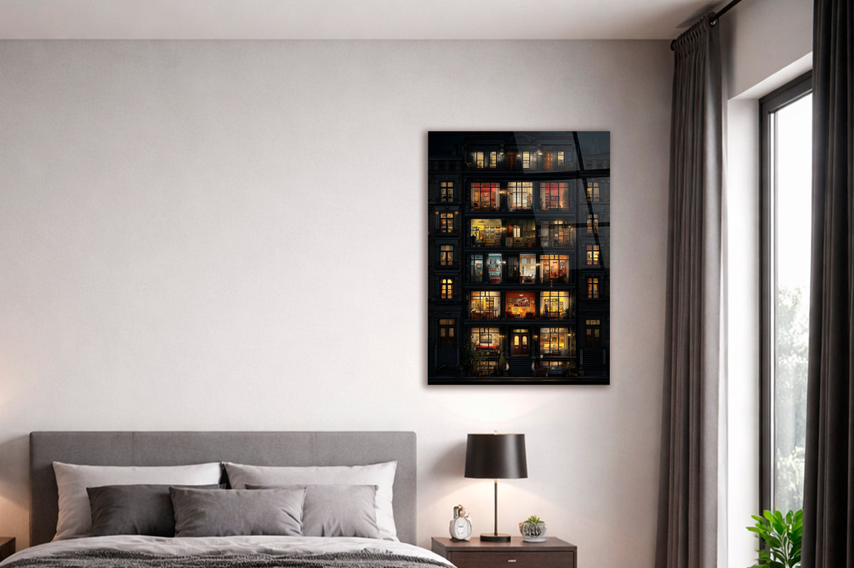 Night Apartment Windows Glass Wall Art in a modern interior