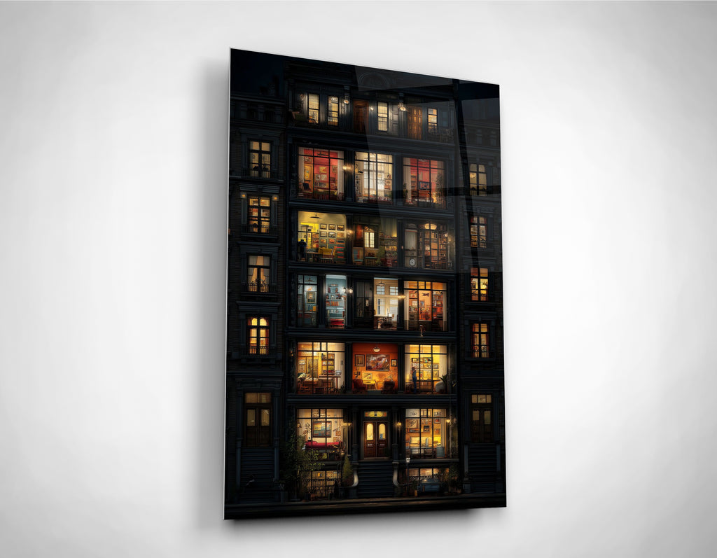 Night Apartment Windows Glass Wall Art close-up