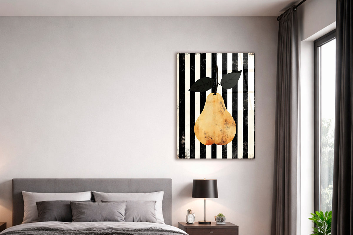 Golden Pear on Black and White Stripes Glass Wall Art in a living room interior