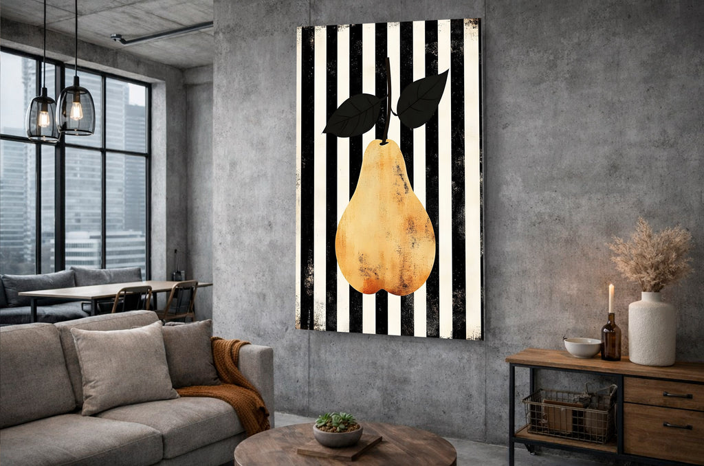 Golden Pear on Black and White Stripes Glass Wall Art in a modern interior