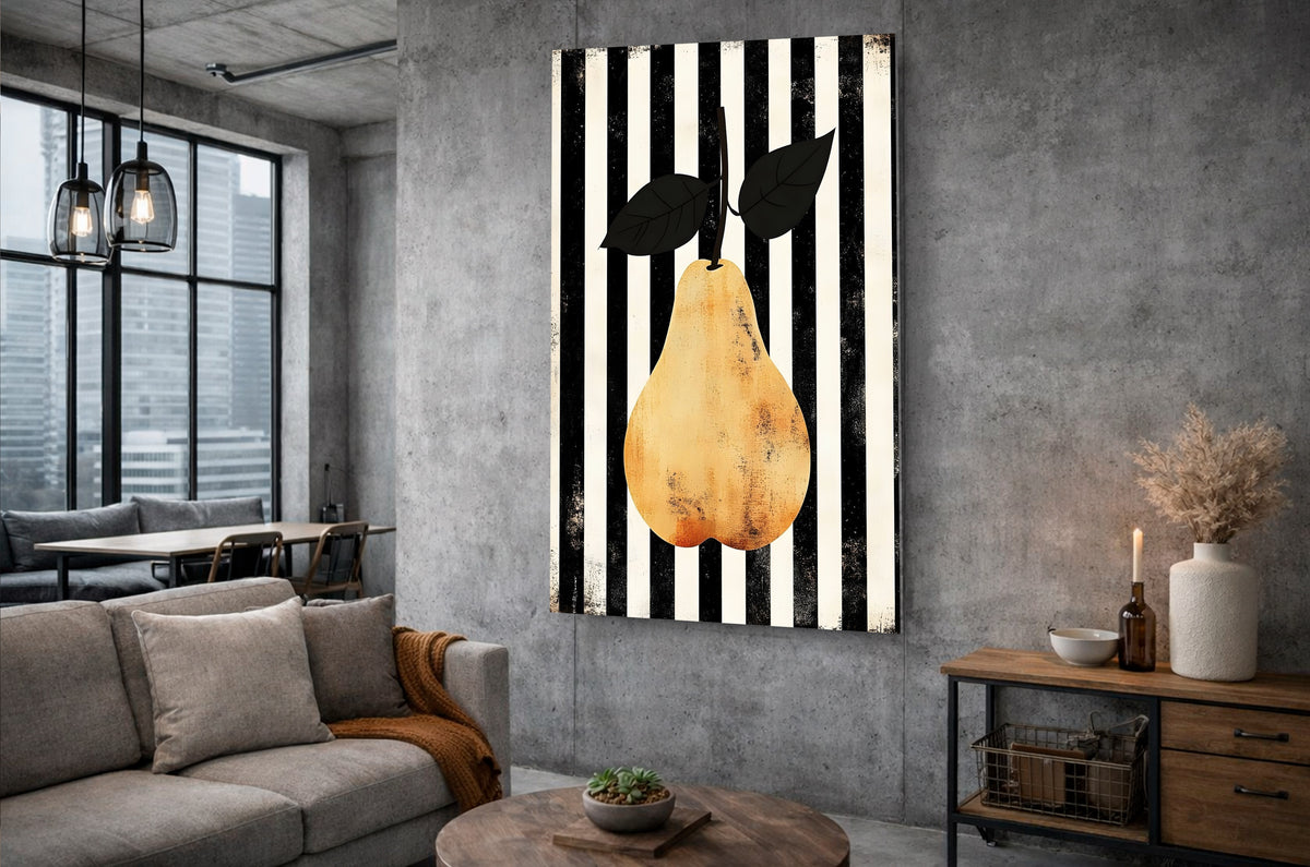 Golden Pear on Black and White Stripes Glass Wall Art in a modern interior