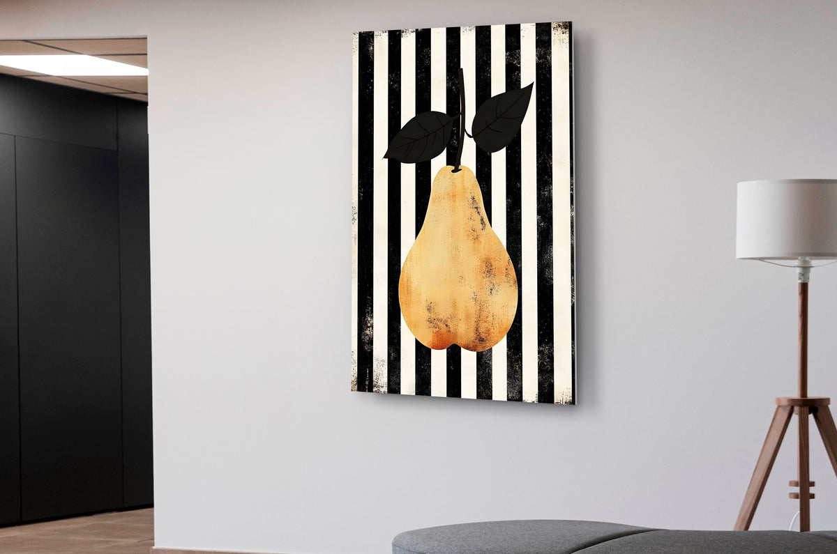 Golden Pear on Black and White Stripes Glass Wall Art on the wall