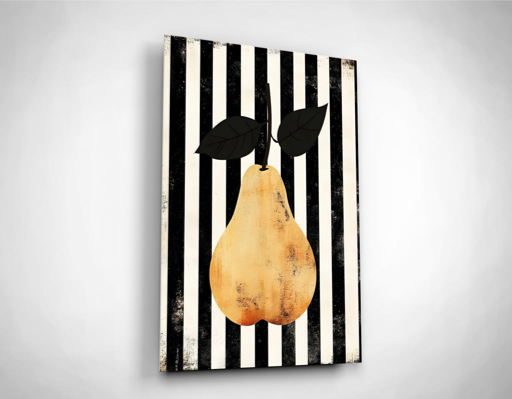 Golden Pear on Black and White Stripes Glass Wall Art close-up