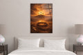 Three Crosses and Crown of Thorns Glass Wall Art in a living room interior