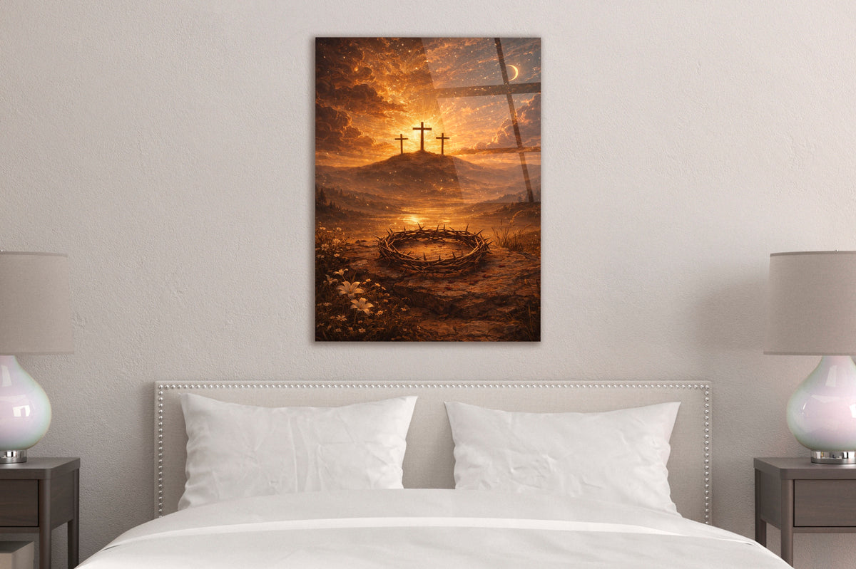 Three Crosses and Crown of Thorns Glass Wall Art in a living room interior